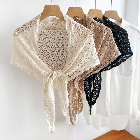 Crochet Cotton Floral Hollow Out Triangle Shawl Elegant Boho Lace Wrap For Women Summer Decorative Scarf Cape Accessory