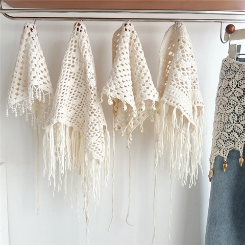 Women Bohemian Crochet Cotton Waist Scarf Triangle Hollow Out Lace Belt With Tassels Retro Layering Accessory