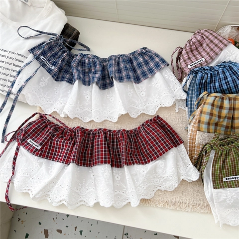 Extension De Chemise À Carreaux Superposition De Mini Jupe Avec Bordure En Dentelle Ajustable Taille JK Style Ourlet Faux