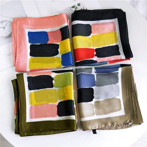 Foulard Carré Pour Femmes En Polyester Soyeux Imprimé Géométrique Coloré Bandana Cou Tête Décor De Bureau Professionnel Accessoire