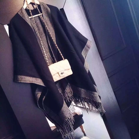 Women Imitation Cashmere Shawl Scarf Thick Warm Winter Wrap With Tassels And Herringbone Trim Solid Color