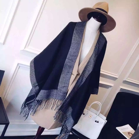 Women Imitation Cashmere Shawl Scarf Thick Warm Winter Wrap With Tassels And Herringbone Trim Solid Color