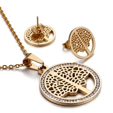 Árbol De La Vida Collar Y Pendientes Para Mujer Acero Inoxidable Hueco Redondo Circonita Incrustada Accesorios Moda