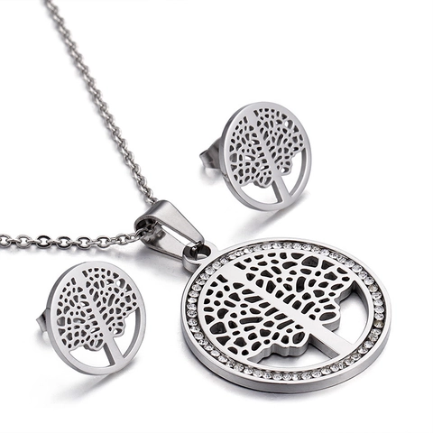 Árbol De La Vida Collar Y Pendientes Para Mujer Acero Inoxidable Hueco Redondo Circonita Incrustada Accesorios Moda
