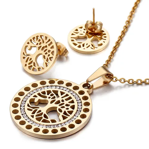 Collana E Orecchini Albero Della Vita Acciaio Inossidabile Placcato Oro 18K Strass Tondo Design Cavo Per Donne