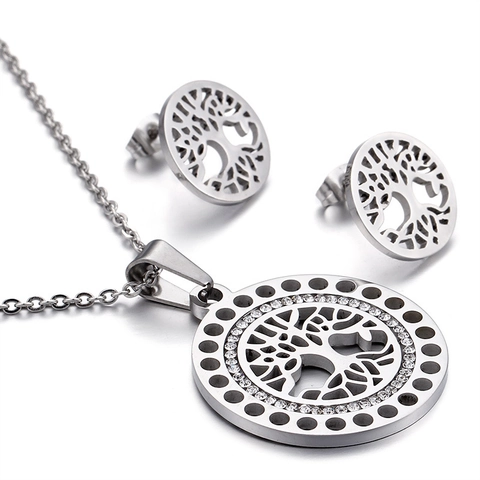 Collana E Orecchini Albero Della Vita Acciaio Inossidabile Placcato Oro 18K Strass Tondo Design Cavo Per Donne