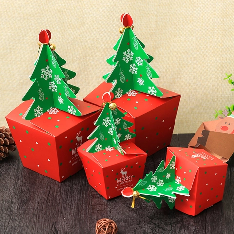 Weihnachtsbaum Form Geschenkbox Pappe Papier Apfel Süßigkeiten Verpackung Mit Glocke Rentier Muster Festliches Dekor