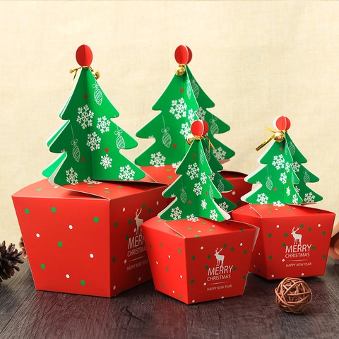 Weihnachtsbaum Form Geschenkbox Pappe Papier Apfel Süßigkeiten Verpackung Mit Glocke Rentier Muster Festliches Dekor