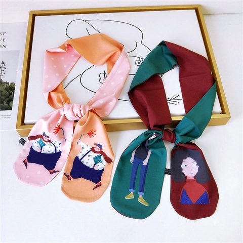 Fashion Small Twilly Scarf 100% Polyester Cartoon Character Print Heart Polka Dot Poker Pattern Decorative Neck Scarf