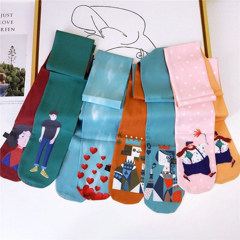 Fashion Small Twilly Scarf 100% Polyester Cartoon Character Print Heart Polka Dot Poker Pattern Decorative Neck Scarf