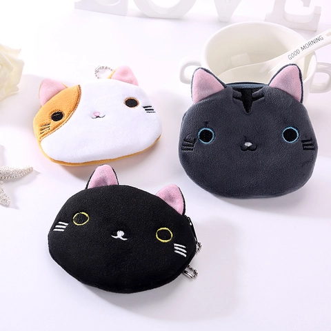 Mini Cat Plush Coin Purse Cute Cartoon Animal Shape Zipper Wallet With Keychain Embroidery Small Pouch For Women Girls