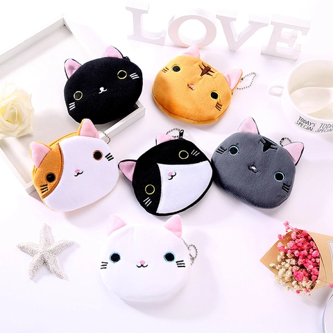 Mini Cat Plush Coin Purse Cute Cartoon Animal Shape Zipper Wallet With Keychain Embroidery Small Pouch For Women Girls
