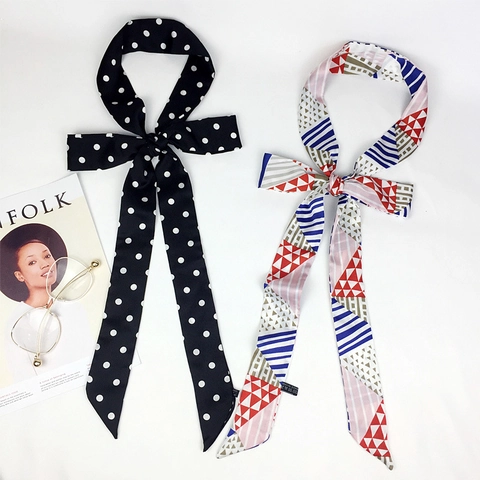 Women Skinny Scarf Satin Satin Like Extra Long Narrow Twilly Polka Dot Geometric Pattern Necktie Hair Band Bag Handle Wrap