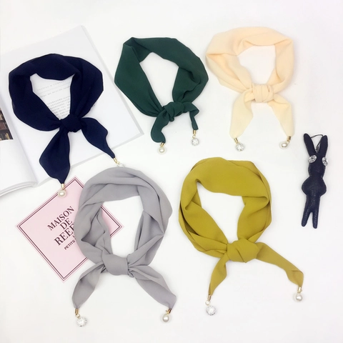 Bufanda De Gasa Para Mujer Color Sólido Elegante Pañuelo Con Colgantes De Perlas Artificiales Y Bolas De Diamantes De Imitación Fino