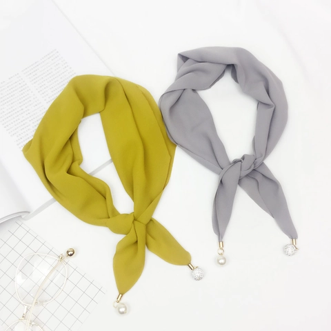 Bufanda De Gasa Para Mujer Color Sólido Elegante Pañuelo Con Colgantes De Perlas Artificiales Y Bolas De Diamantes De Imitación Fino
