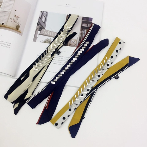 Rhinestone Satin Narrow Scarf Elegant Geometric Striped Print Twilly For Women Fashion Necktie Hair Band