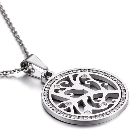 Tree Of Life Necklace And Earrings Stainless Steel Zircon Inlaid Hollow Round Pendant Jewelry Fashion For Women