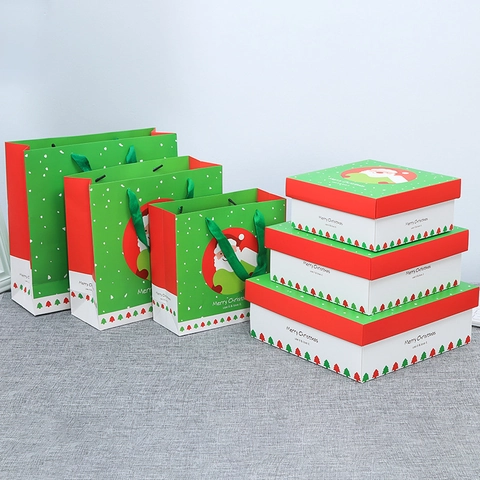 Weihnachts Geschenkbox Karton Quadratisch Weihnachtsmann Muster Feiertags Party Verpackung Dekorativ Grün Rot
