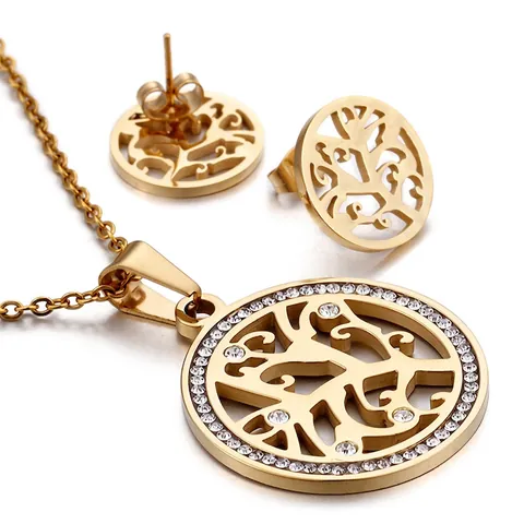 Tree Of Life Necklace And Earrings Stainless Steel Zircon Inlaid Hollow Round Pendant Jewelry Fashion For Women