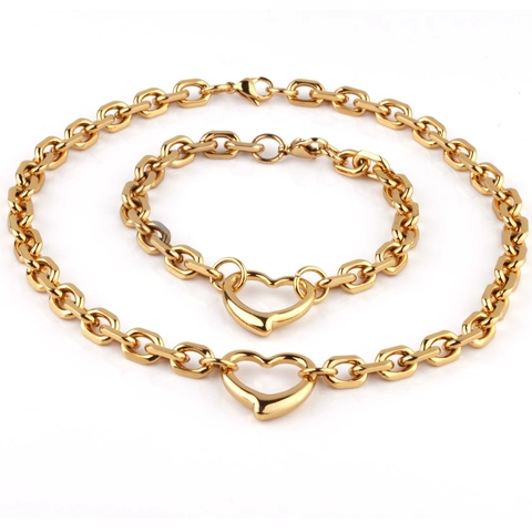 Collana E Bracciale Con Ciondolo A Cuore In Acciaio Inossidabile Lucidato Per Donna Gioielli Di Moda Tono Oro Regalo