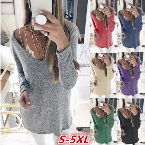 Women Casual V Neck Long Sleeve Sweater Loose Knit Pullover Top Solid Color Soft Fall Winter Fashion Knitwear For Daily Wear