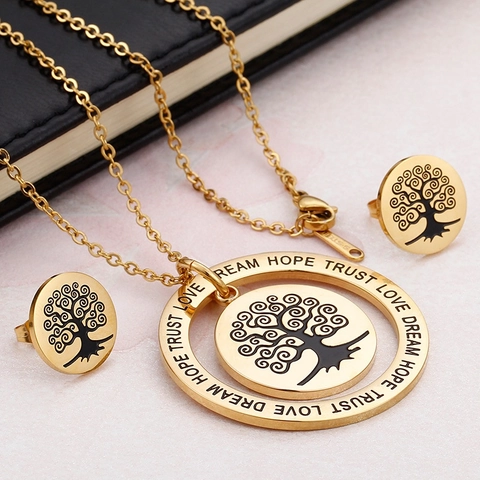Tree Of Life Halskette Und Ohrringe Edelstahl 18K Vergoldet Graviert Hope Love Dream Trust Schmuck Für Frauen