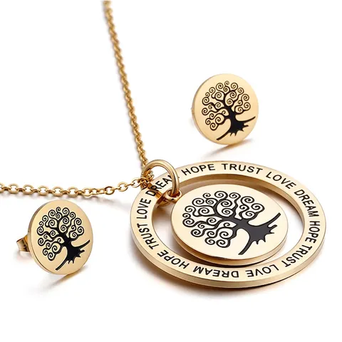 Tree Of Life Halskette Und Ohrringe Edelstahl 18K Vergoldet Graviert Hope Love Dream Trust Schmuck Für Frauen