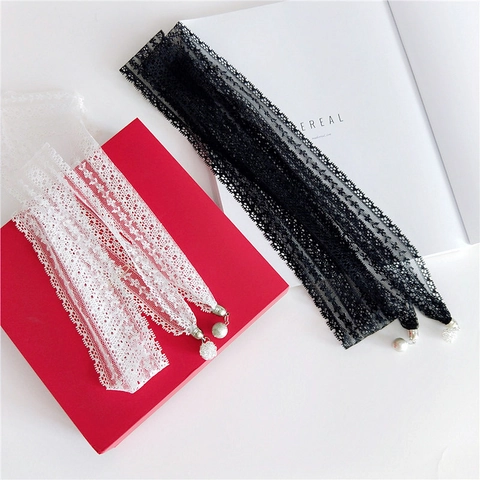 Women Lace Scarf Long Elegant Hollow Out Ribbon With Artificial Pearl Pendant Solid Color Fashion Accessory For Ladies Vintage Style