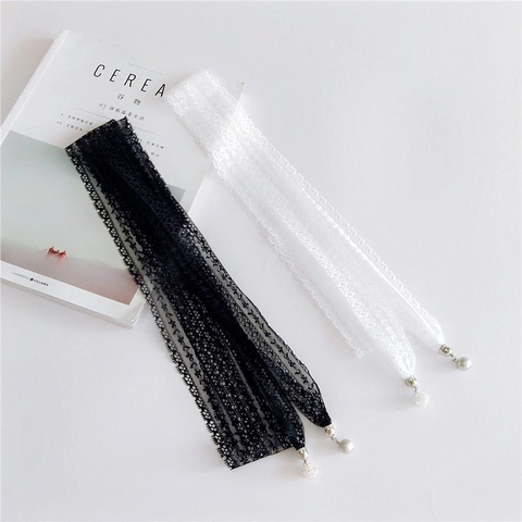 Women Lace Scarf Long Elegant Hollow Out Ribbon With Artificial Pearl Pendant Solid Color Fashion Accessory For Ladies Vintage Style