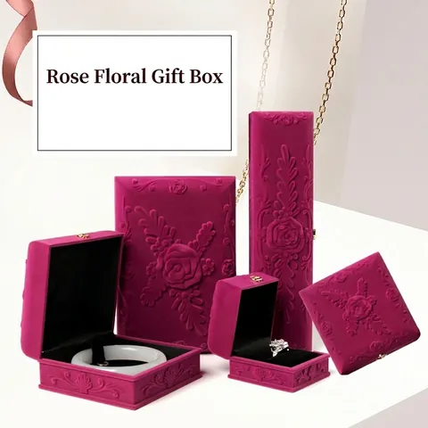 Jewelry Box Rose Red Velvet Flocked Embossed Flower Vintage Storage Case For Necklace Ring Bracelet Pendant Gift Organizer