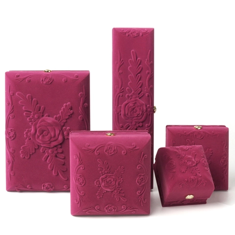 Jewelry Box Rose Red Velvet Flocked Embossed Flower Vintage Storage Case For Necklace Ring Bracelet Pendant Gift Organizer