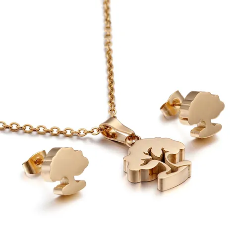 Collar De Árbol De La Vida Y Pendientes De Botón Acero Inoxidable Chapado Oro 18K Joyería Moda Mujer