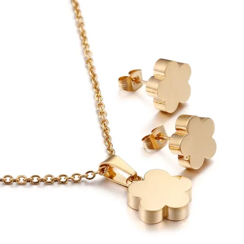 Collar Con Colgante De Flor Y Pendientes De Botón Acero Inoxidable Titanio Chapado En Oro 18K Joyas Hipoalergénicas