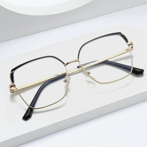Fashion Oversized Square Metal Eyeglass Frames Women Anti Blue Light Plain Glasses Trendy Color Block Optical Glasses Frame