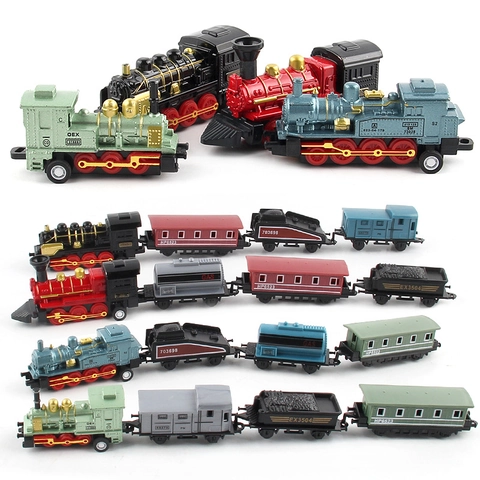 Vintage Steam Train Model Toy Die-cast Alloy Locomotive Carriages Pull Back Inertia Vehicles For Kids Boys