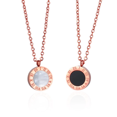 Collana Pendente Tondo Doppia Faccia Conchiglia Agata Numeri Romani Oro Rosa Acciaio Inossidabile Donna