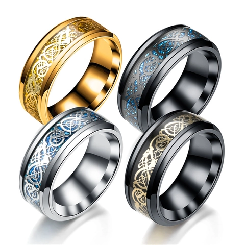 Bague Dragon en Acier Inoxydable Vintage pour Hommes Punk Nœud Celtique Incrustation Anneau 8mm Bague de Doigt Cool Accessoires Bijoux de Mode