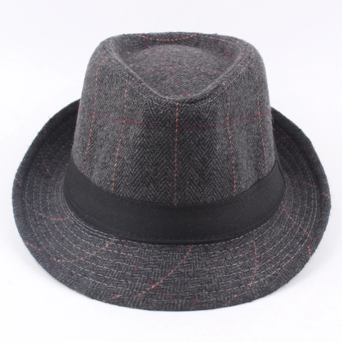 British Style Plaid Herringbone Fedora Hat Men Vintage Wool Blend Jazz Cap Autumn Winter Warm Accessory