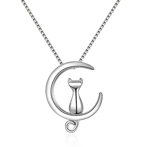 Collier Avec Pendentif Chat Sur La Lune Cuivre AAA Zircon Argenté Bijoux De Mode Accessoire Pour Femmes