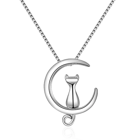 Collier Avec Pendentif Chat Sur La Lune Cuivre AAA Zircon Argenté Bijoux De Mode Accessoire Pour Femmes