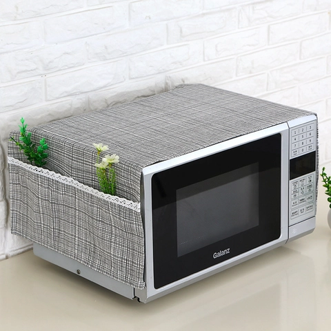 Microwave Dust Cover Protective Cloth Linen Fabric With Side Storage Pockets Lace Trim Cartoon Cat Plaid Prints Kitchen Appliance Protector