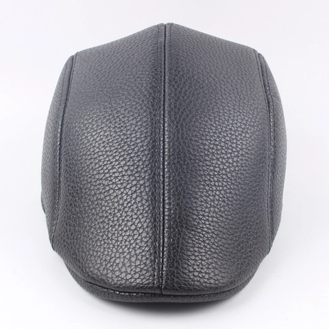 Men PU Leather Flat Cap British Vintage Newsboy Ivy Hat Winter Warm Fleece Lined Lychee Texture Adjustable Solid Color