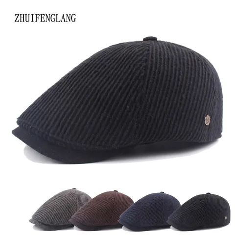 Herren Schirmmütze Vintage Britischer Stil Schiebermütze Gestrickt Warm Wintermütze Verstellbar Gestreift Dick Winddicht