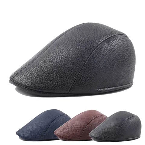 Men PU Leather Flat Cap British Vintage Newsboy Ivy Hat Winter Warm Fleece Lined Lychee Texture Adjustable Solid Color