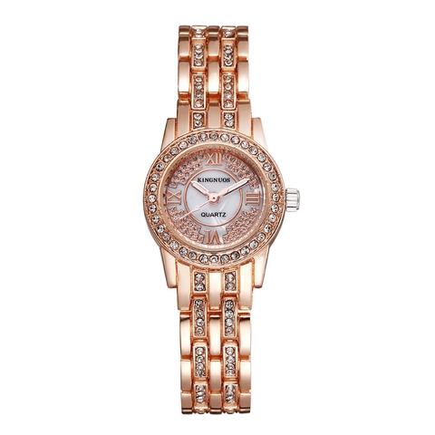 Damen Mode Luxus Quarzuhr Edelstahl Mit Strass Besetzt Muschel Zifferblatt Römische Ziffern Metallarmband Armbanduhr