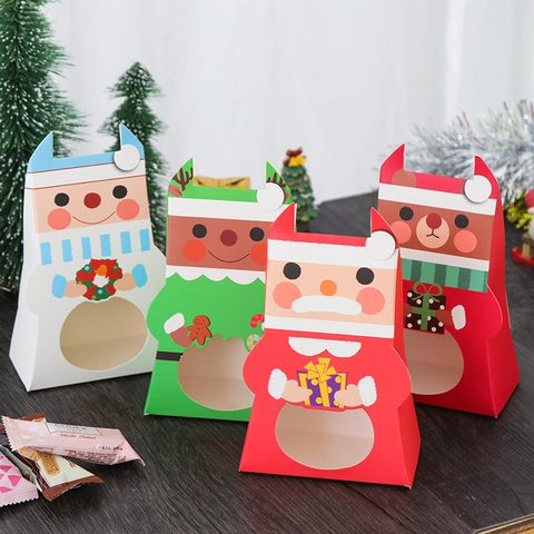Christmas Gift Boxes Cartoon Candy Biscuit Packaging With Hollow Out Window White Cardboard Holiday Party Supplies