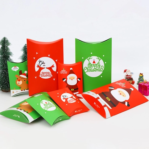 Weihnachts Geschenkboxen Kissenform Faltbare Karton Süßigkeiten Verpackung Weihnachtsmann Rentier Muster Party Deko