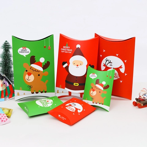 Weihnachts Geschenkboxen Kissenform Faltbare Karton Süßigkeiten Verpackung Weihnachtsmann Rentier Muster Party Deko