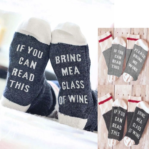 Funny Crew Socks Cotton Blend If You Can Read This Bring Me Wine Letter Print Novelty Mid-Calf Casual Unisex