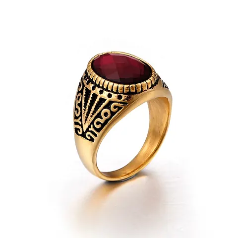 Men Vintage Ring Stainless Steel 18K Gold Plated Oval Gemstone Carved Pattern Punk Gothic Jewelry
